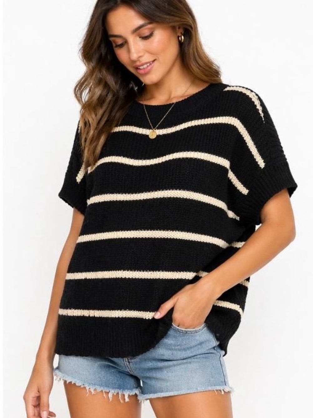 SHEIN Striped short sleeve Sweater in Black and Cream